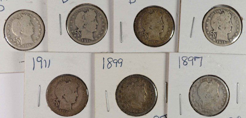 7 - BARBER QUARTERS; 1897, 1899, 1911, 1915, 1915-D & (1 of 2)