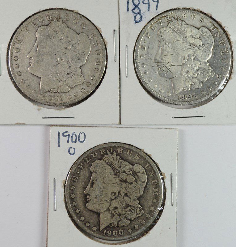 3 - MORGAN DOLLARS; 1899-O damaged, 1900-O & 1901-O, (1 of 2)