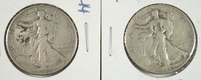 2 - WALKING LIBERTY HALF DOLLARS - FINE - 1944 & 1945: A leading Auction House in todays fast paced auctions. ESTIMATE $40-$50