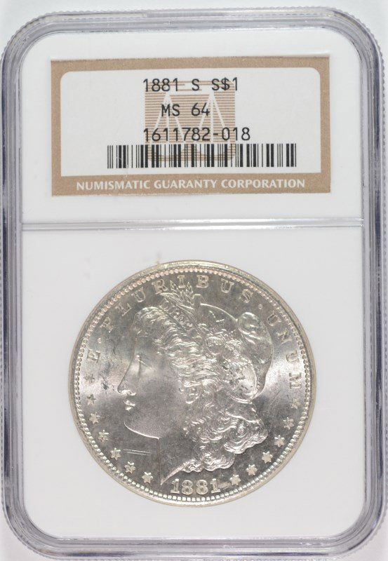 1881-S MORGAN DOLLAR NGC MS64: KNOWN FOR QUALITY & SERVICE. REGISTER TO BID! ESTIMATE $90-$110