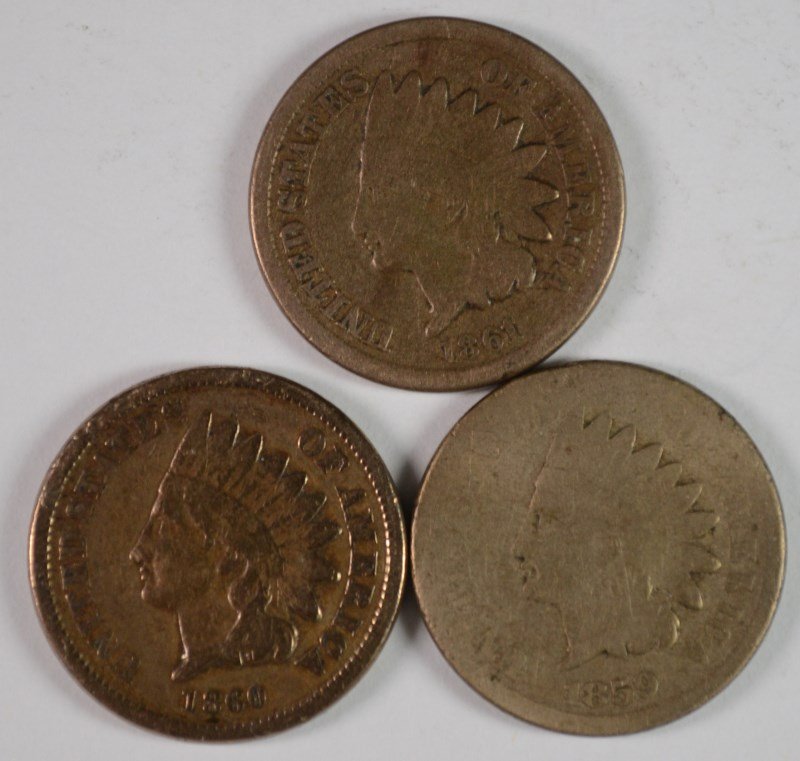 INDIAN ONE CENT: 1859 G, 1860 VG-F, 1861 G-VG (1 of 2)