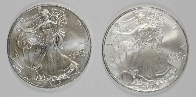 2 - AMERICAN SILVER EAGLES - 2007 & 2013 - BOTH BU (1 of 2)