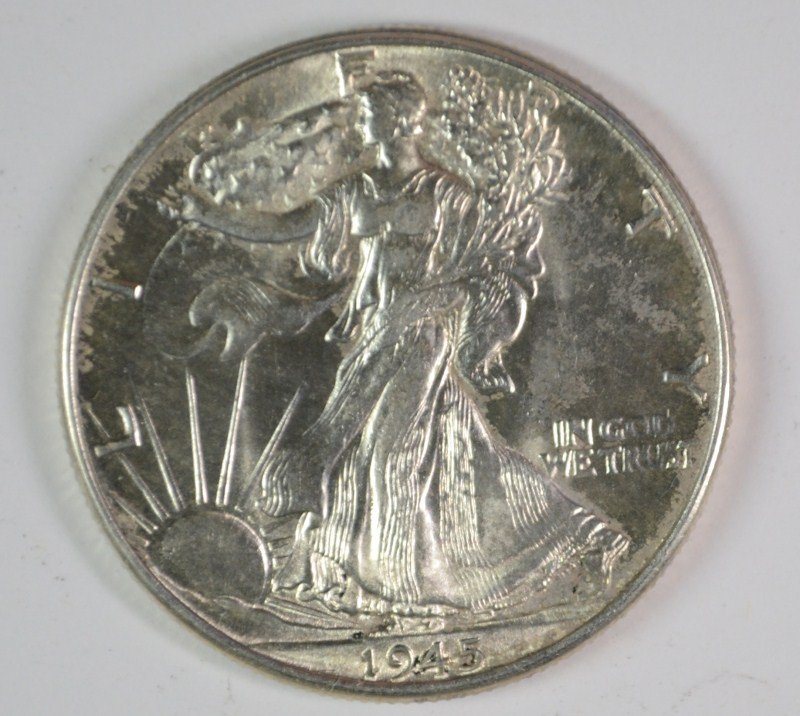 1945 WALKING LIBERTY HALF DOLLAR, GEM BU BLAZER!: SILVER TOWNE AUCTIONS SHIPS ITEMS WON WITHIN 48 HOURS OF RECEIPT OF PAYMENT *PCGS#6624* ESTIMATE, $100.00 TO $115.00