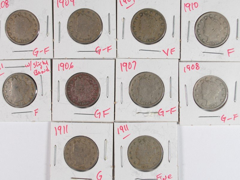 10 - LIBERTY "V" NICKELS; 1906, 1907, 2-1908, 2-1909, (1 of 1)