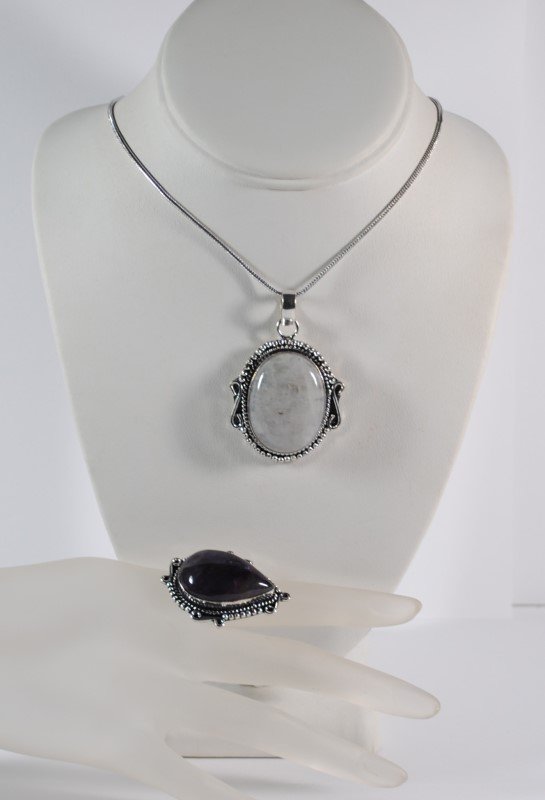 GERMAN SILVER RAINBOW MOON STONE NECKLACE & AMETHYST (1 of 3)
