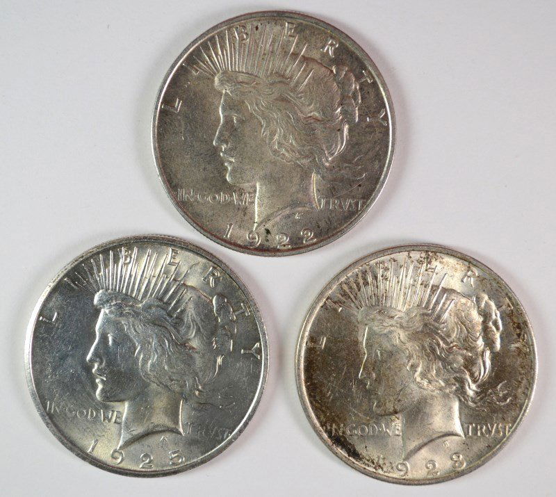 3 AU/BU PEACE DOLLARS 1922-D, 23. 25-S (1 of 2)