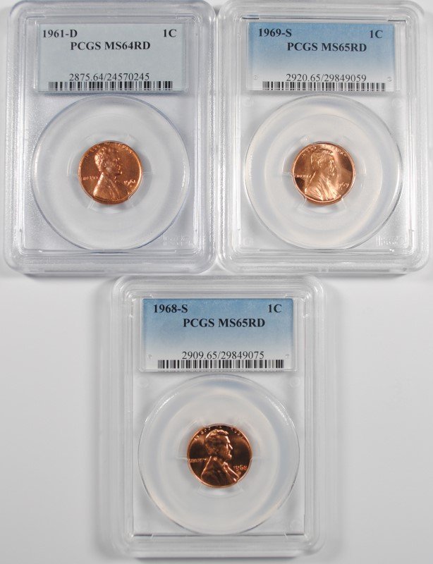 (3) PCGS GRADED LINCOLN CENTS: 1961-D MS-64 RED, 68-S (1 of 2)