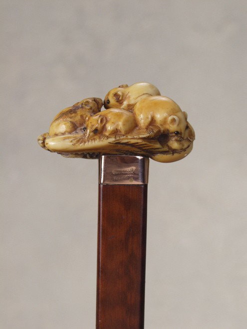 A Japanese ivory cane of mice eating an animal head: A fabulous Japanese ivory cane of mice eating an animal head. The elephant ivory squared handle is 7/8" high and 1 3/4" long. It is marvelously fashioned with five small mice eating the head of an ani