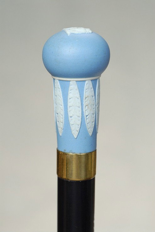 A marvelous Wedgwood jasperware porcelain cane: A marvelous Wedgwood jasperware porcelain cane. The knob handle is 2" high and 1" across the rounded top. It is turquoise in color with a matte finish, the hallmark of Wedgwood jasperware. There is a