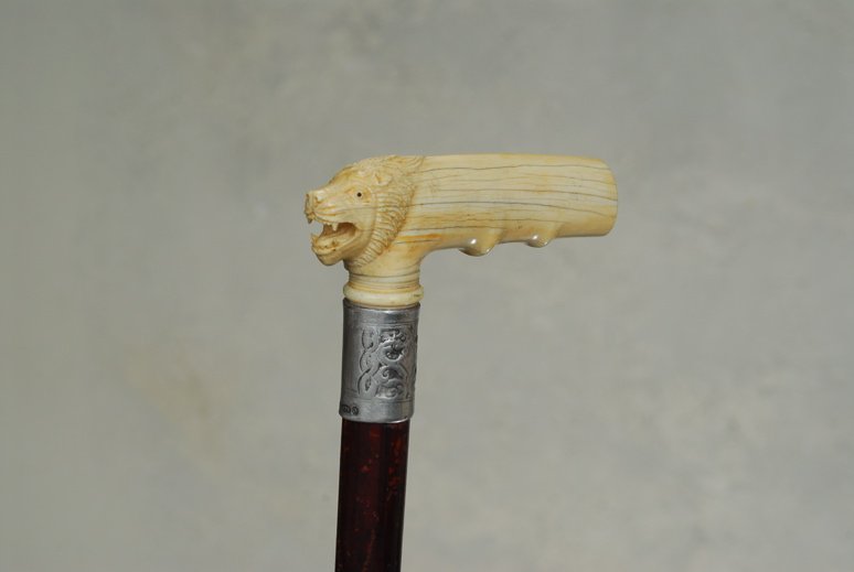 A very fine cane of a lion: A very fine cane of a lion. The "L" ivory handle is 1 1/2" high and 4 1/4" to the side. The handle is carved with finger grips on the underside for a comfortable hold, and the detailed head of a male 