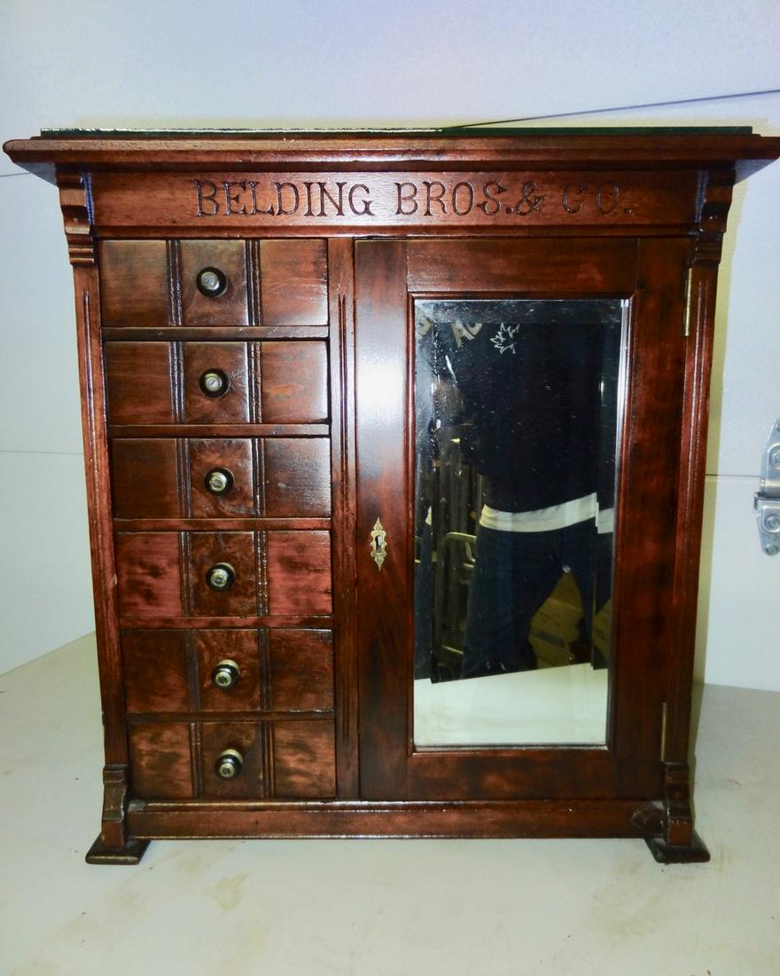 Belding's Bros. & Co. Spool Cabinet: With Mirrored Door & Fitted Interior- 23" Tall X 22" Wide X 13" Deep