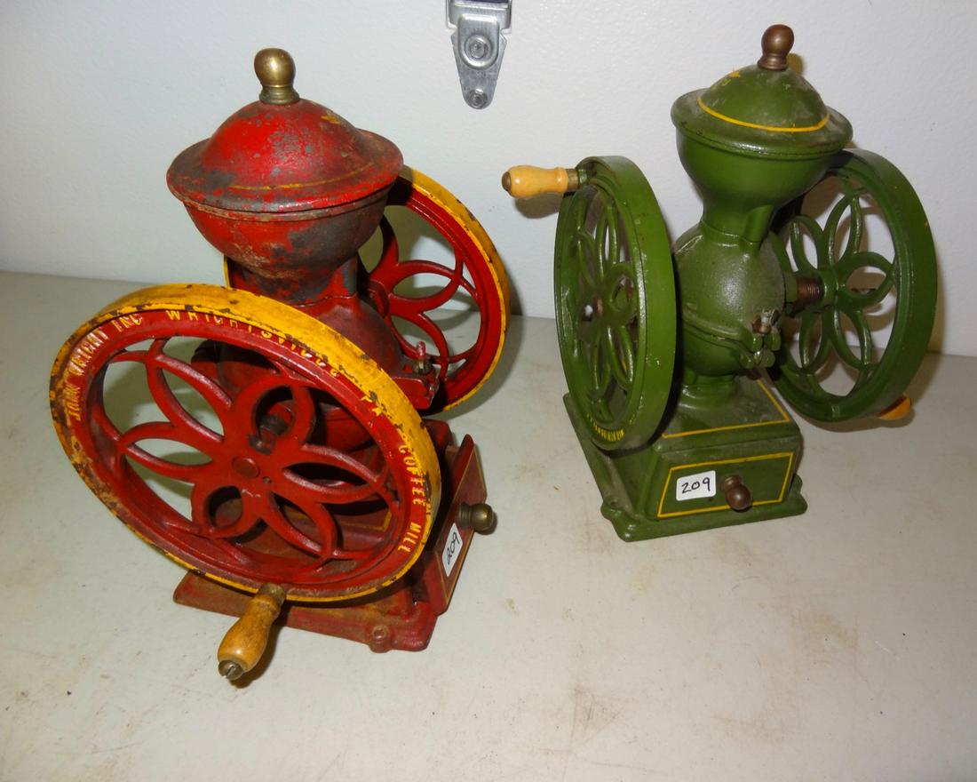 2 Small John Wright Cast Iron Coffee Grinders: Each - 12" Tall X 7" Square