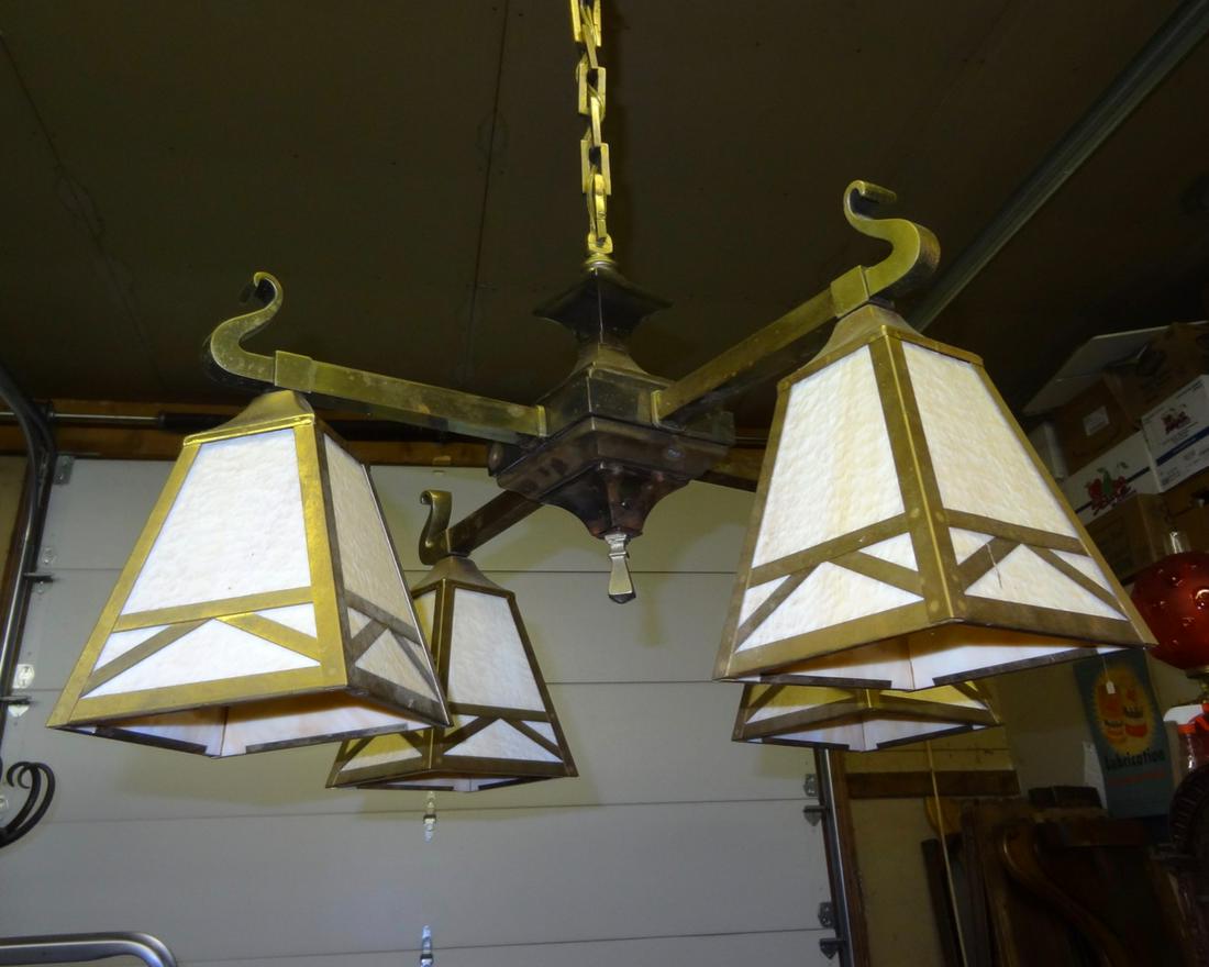 Mission 4 Light Brass Ceiling Fixture: Comes with 4 Stained Glass Shades- 7" Tall X 5 1/2" Square- 27" Drop w 24" Span