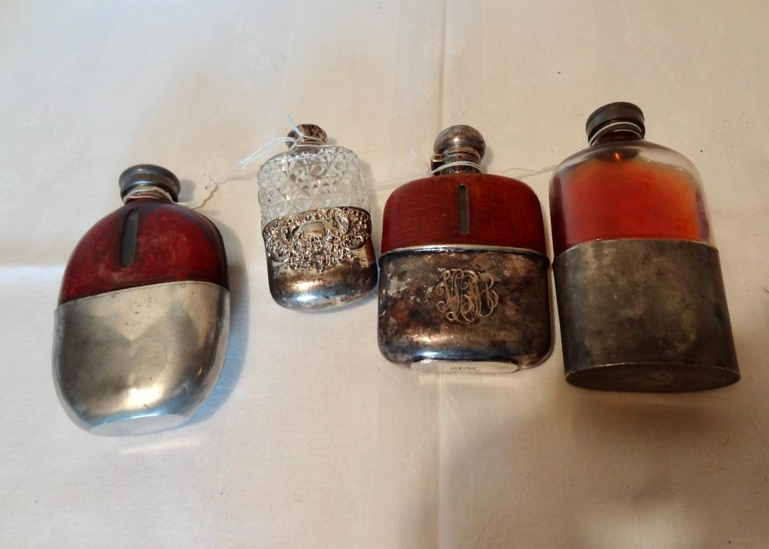 4 Early Whiskey Flasks: Largest 6 1/2"