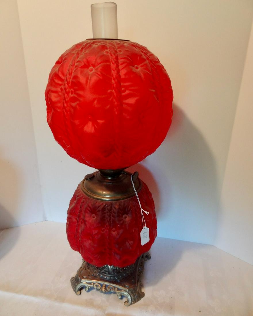 Large Red Satin Gone with the Wind Lamp: Original Kerosene 27" Tall, 10" Round