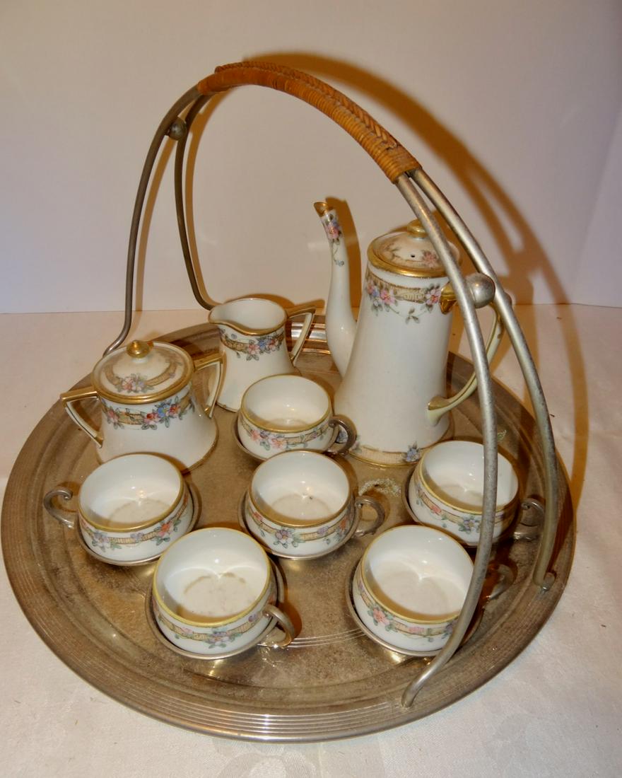 Hand Painted Nippon Tea Set with Original Silver Plate: 14" Round 10" High