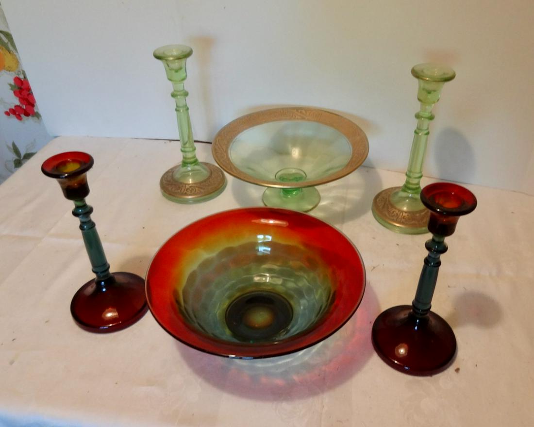 2 Cambridge Console Sets: One Amberina, One Depression Glass
