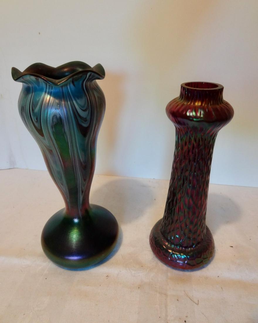 2 Art Glass Vases: One May Be Stuben, Dark Purple has Slight Rim Chips