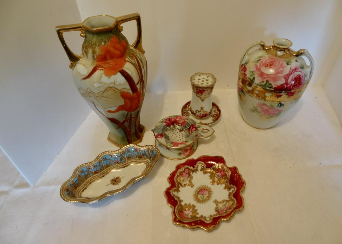 6 Pieces Nippon: Tallest 10 1/2" Tall, Some Slight Wear on Gold Wash, Hat Pin Holder has a Small Fleck on Base