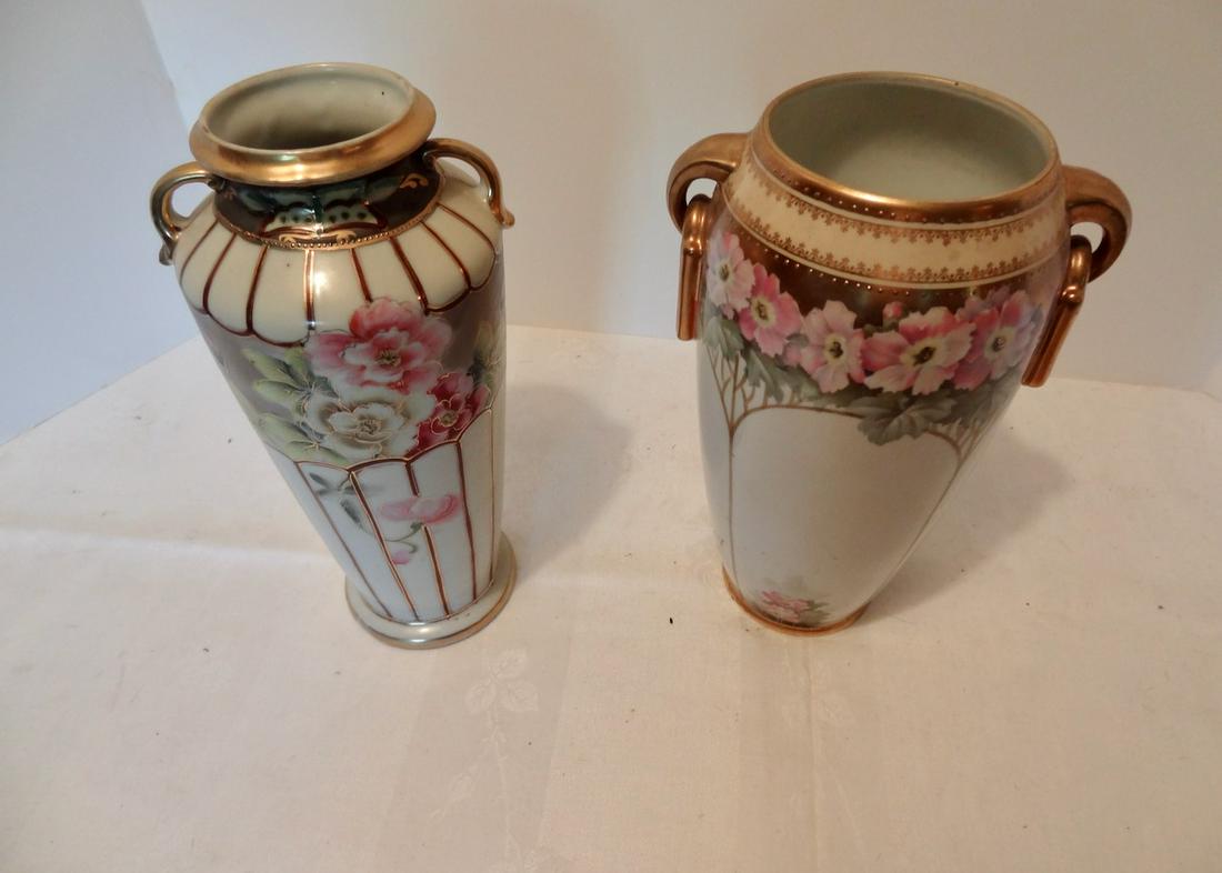 Two Handled Painted Vases: 1 RS Poland China, 1 Nippon, both 9" Tall