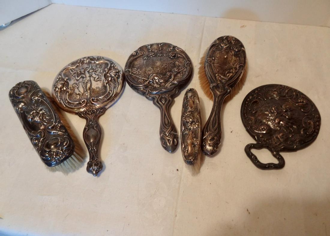 Six Piece Ornate Fiqural Sterling Silver Dresser Set: Largest Hand Mirror 9" Long