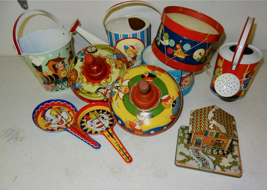 10 Chein Tin Toys: Including Drums, Tops, Pails, Bank & Watering Cans