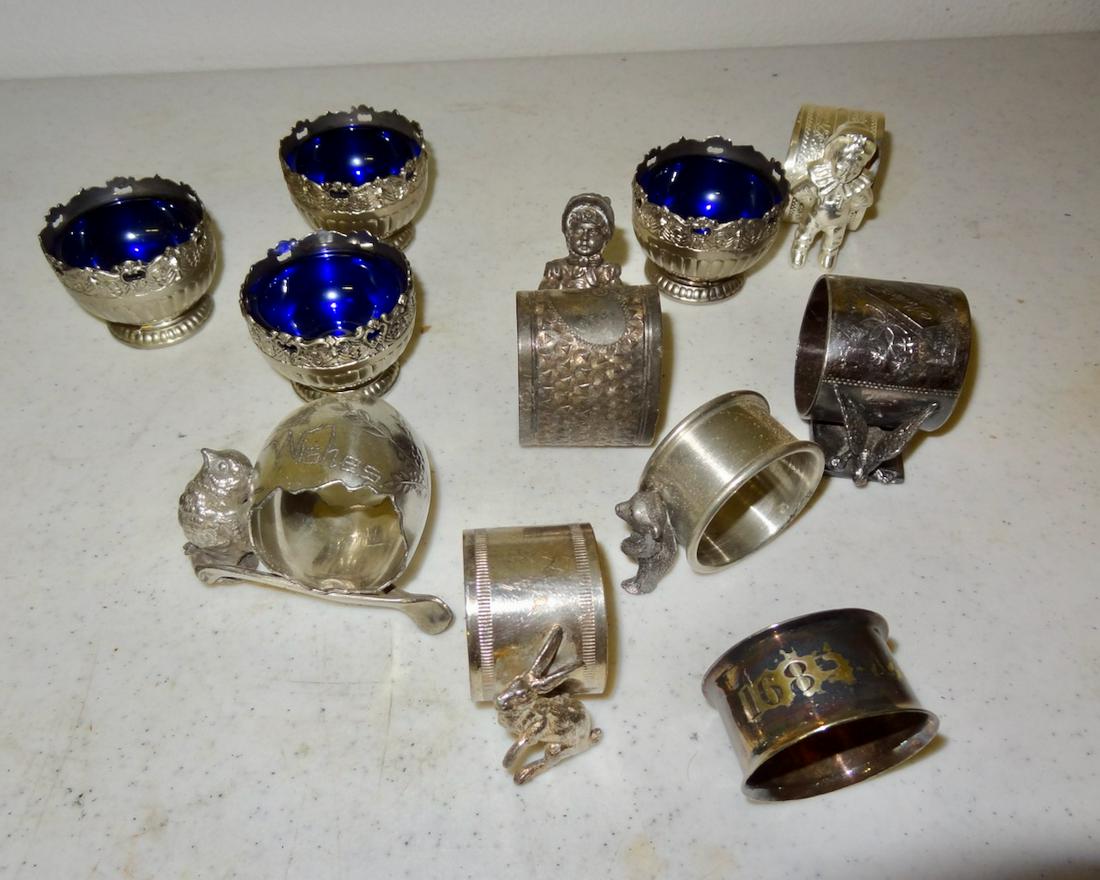 7 Figural Napkin Rings & 4 Cobolt Salts: Largest 3"