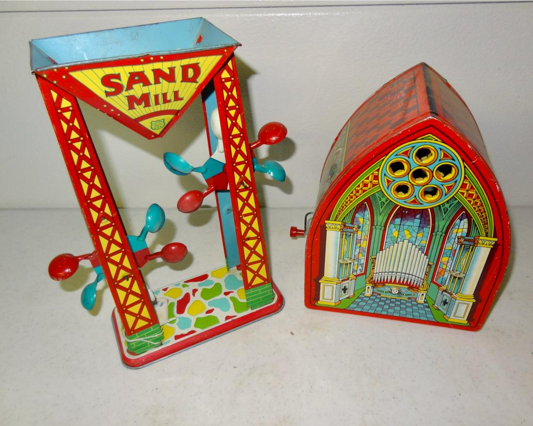 2 Chein Toys: Church Organ Grinder & Sandmill