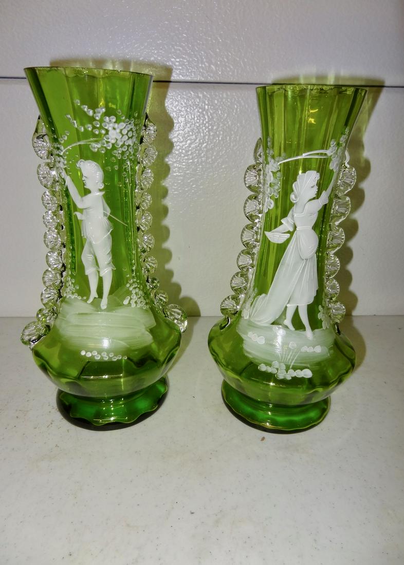 Mary & Gregory Green Vases: Each 10" Tall