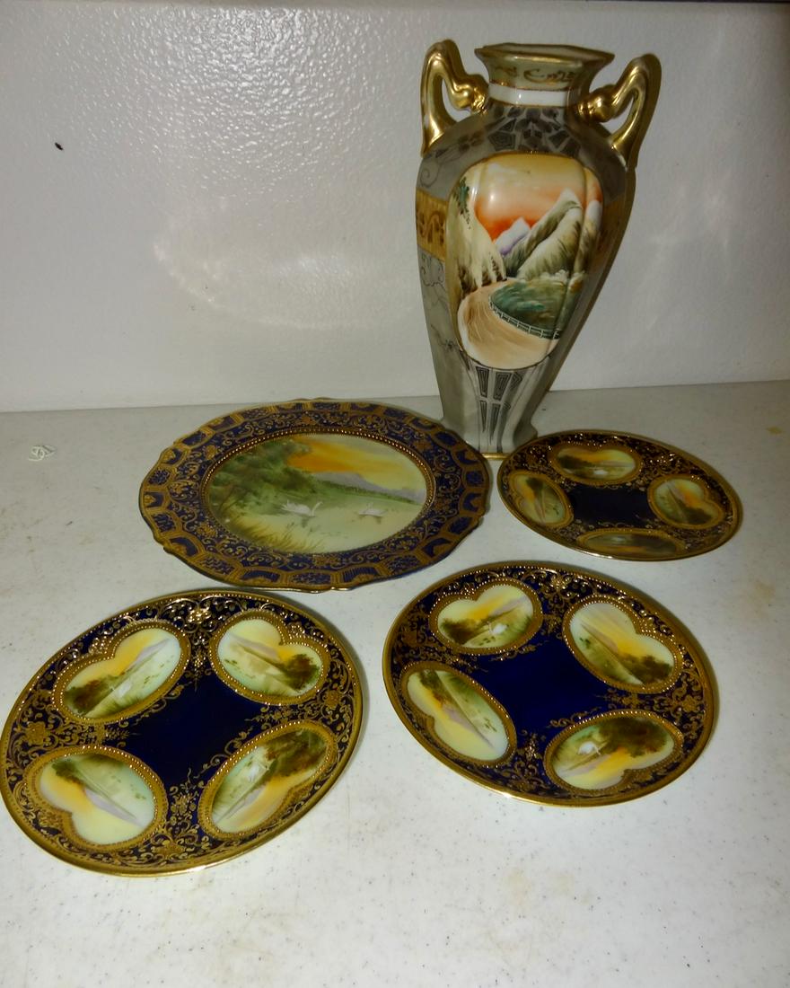 5 Pieces of Nippon: Vase 10" Tall- Swan Plates 8" & 6"