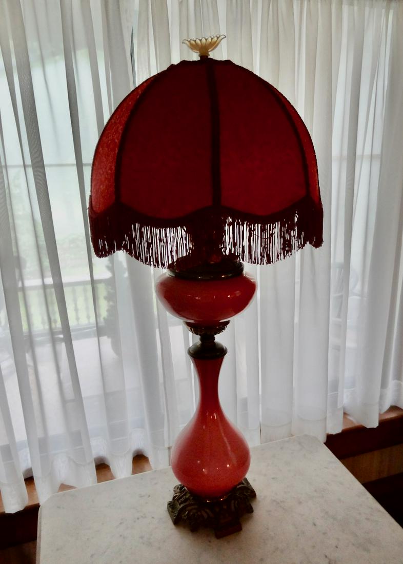 Pink Cased Glass Banquet Lamp w/Cloth Shade (1 of 1)