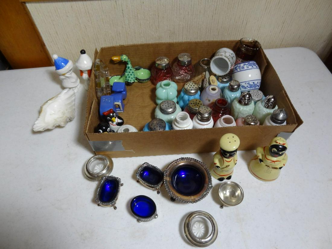 large box lot of salt/pepper shakers: salt/peppers; cobalt blue salt cellars, some toothpick holders