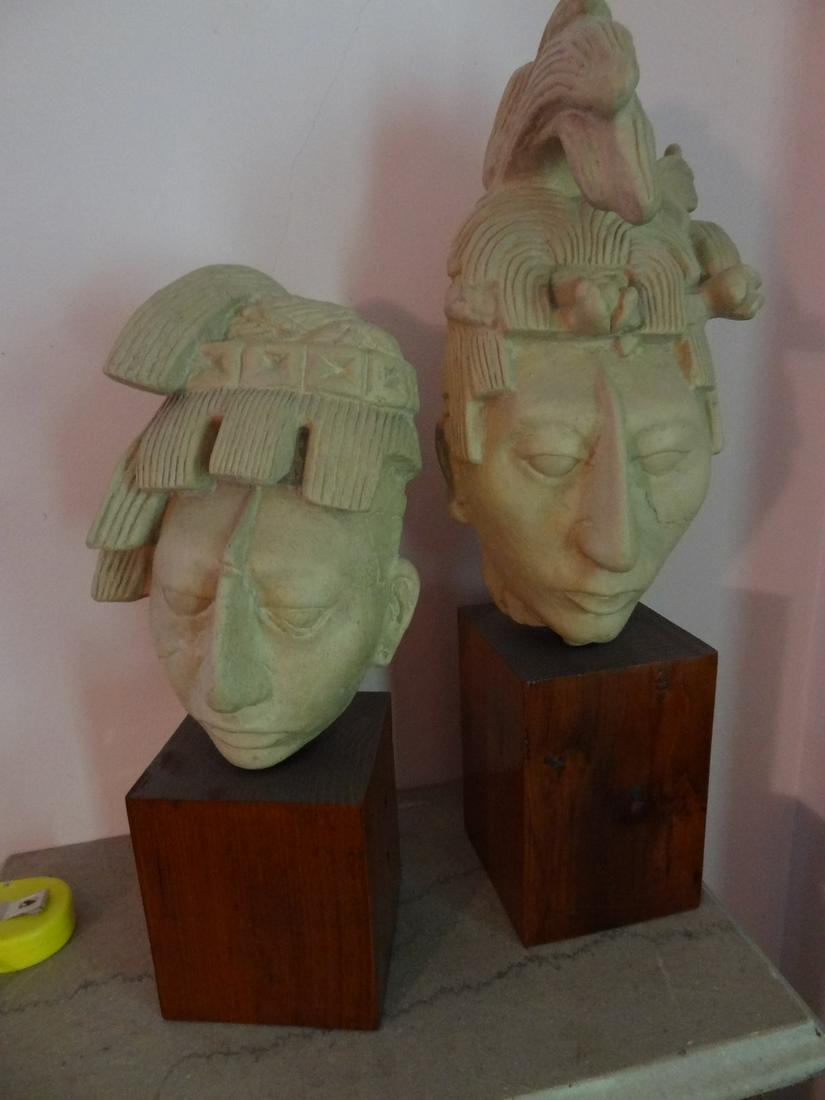 2 Aztec stylized head busts on wood base (1 of 4)