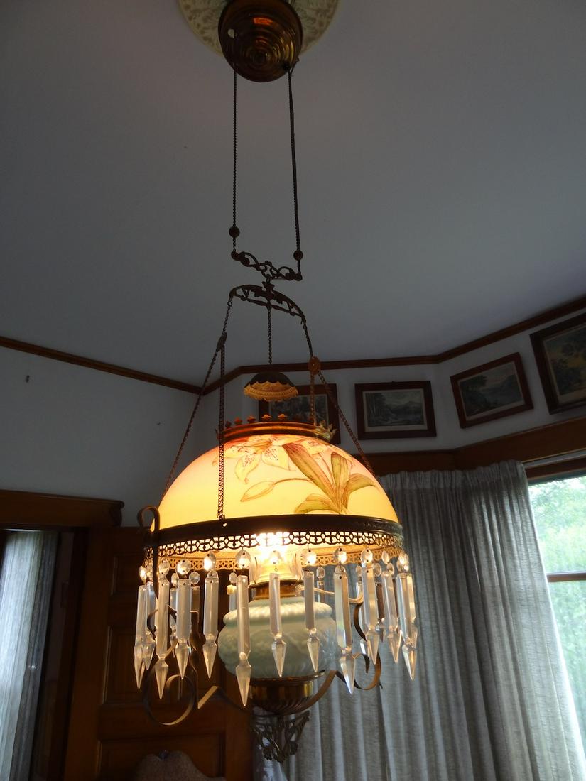 Victorian hand painted  hanging lamp w/ prisms (1 of 1)