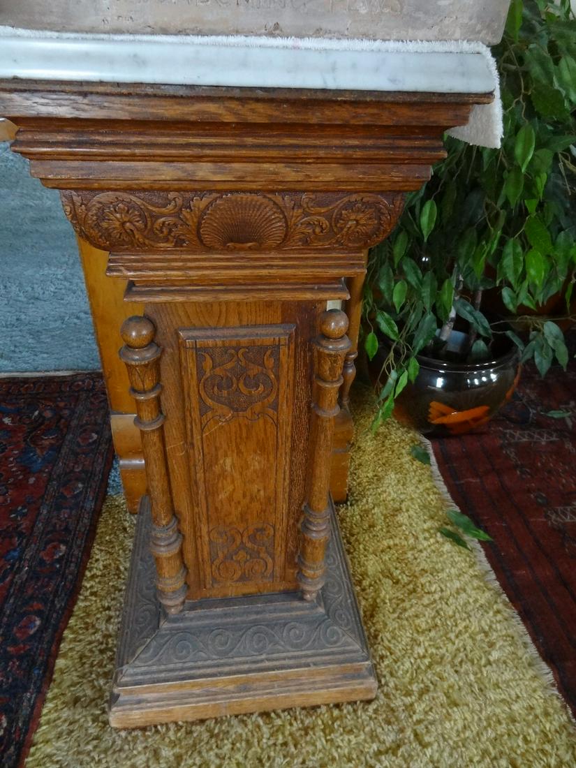 Oak carved marble top pedestal (1 of 2)