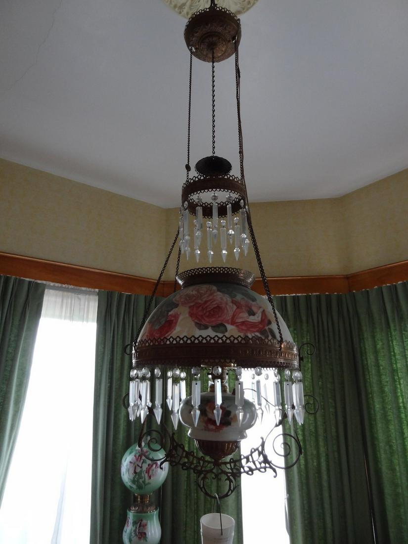 Victorian hanging lamp w/ prisms pink flowers (1 of 3)