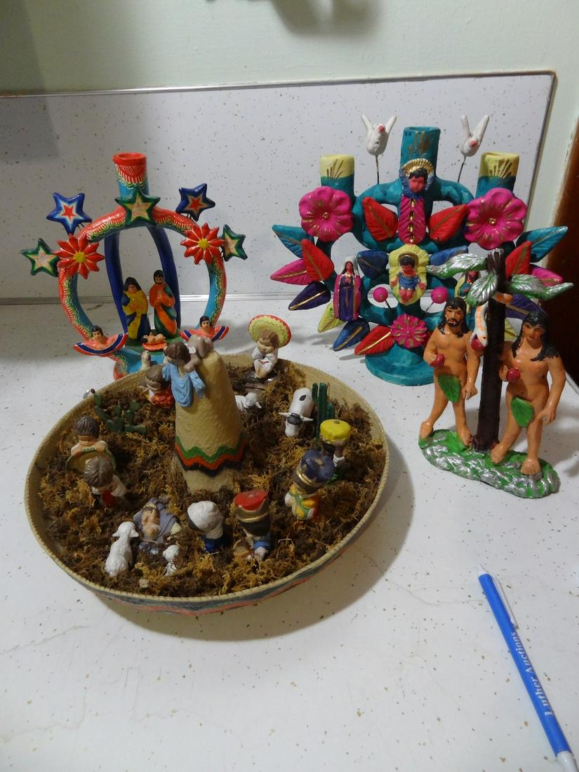 Large lot of Mexican art: Adam and Eve w/ snake, etc.. Largest 10" tall