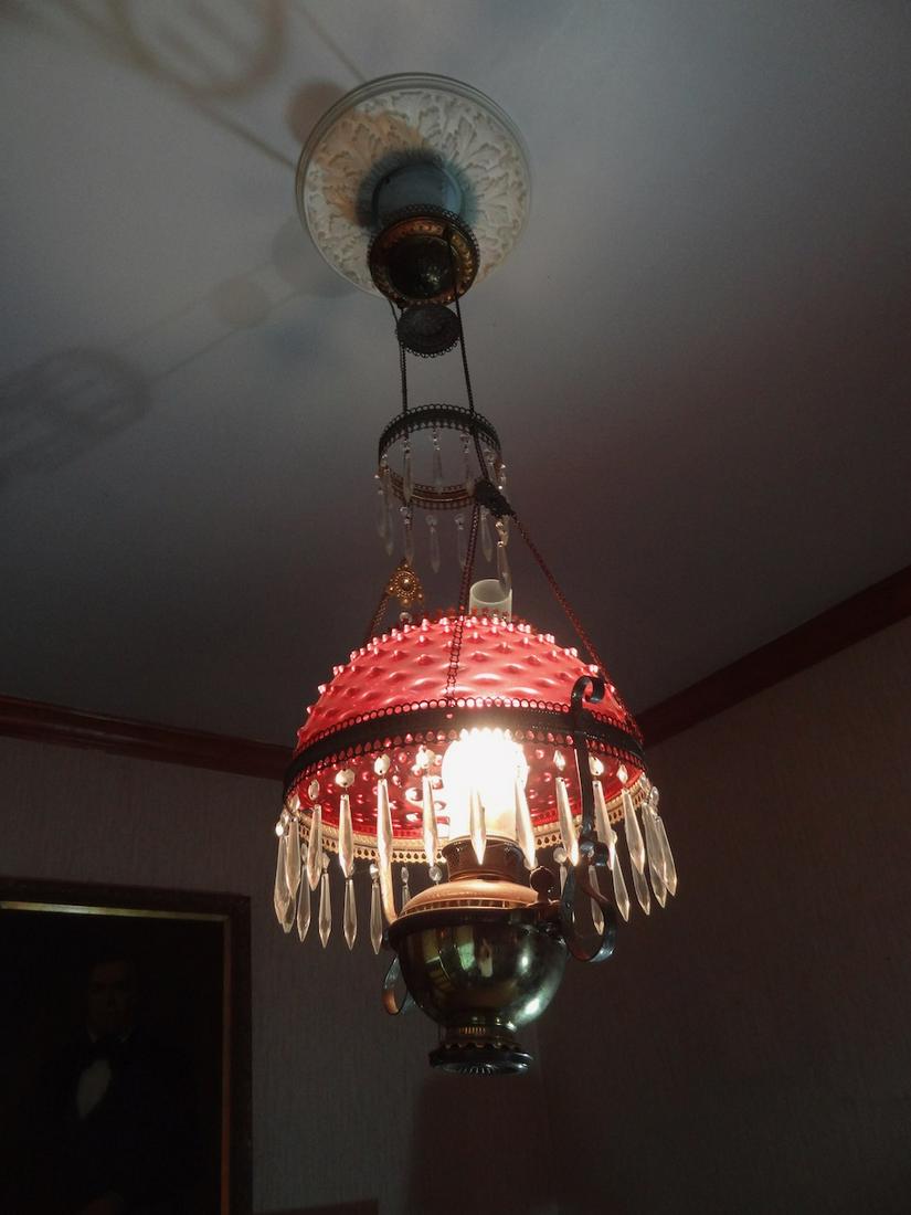 Large cranberry hobnail hanging lamp (1 of 2)