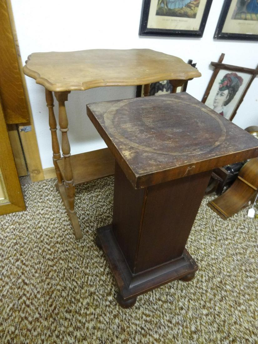 Mahogany plant stand & Vict. Sewing table: 27" tall by 23" wide (table)