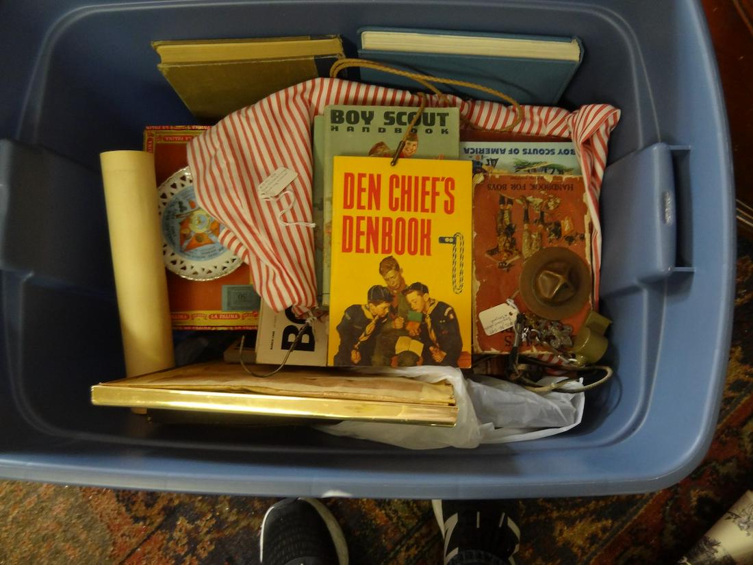 bin full of boy scout related items (1 of 3)