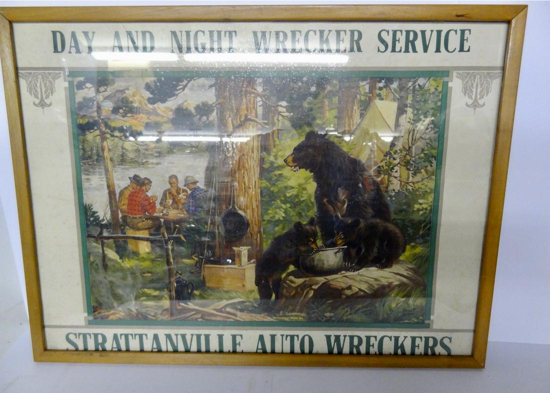 Wrecker Servise Sign for Strattervile Auto Wrecker: Framed Paper Advertisement- 31" X 23" in Size