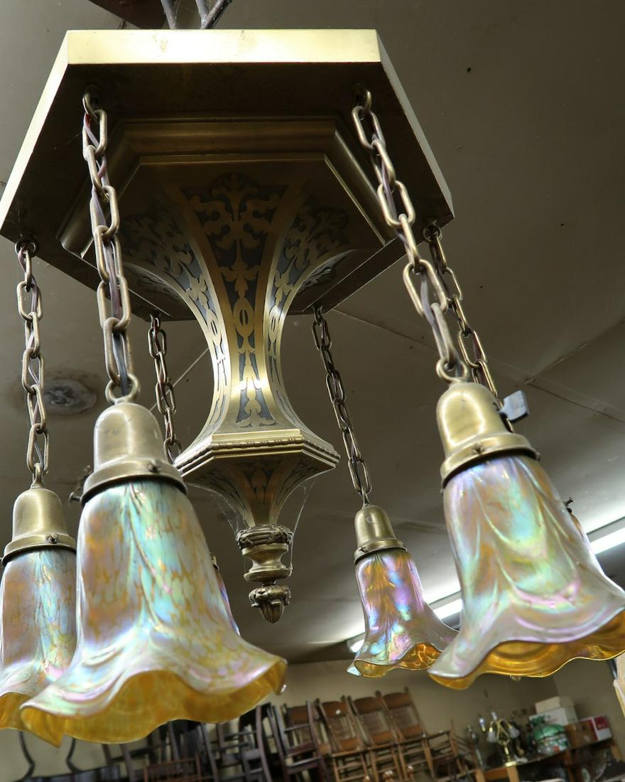 High Quality Bronze Fixture w/Large Ruffled Art Glass: 21" Drop on 21" Hexagon Fixture- 6 Light Fixture- Has been Rewired