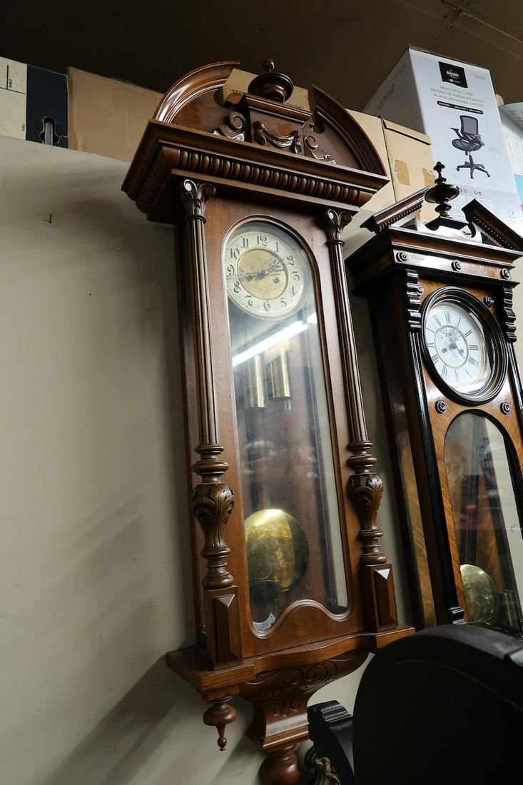 Restored 2 Weight Vienna Regulator Wall Clock: 52" Tall X 16" Wide- with Key, Pendulum & Weights