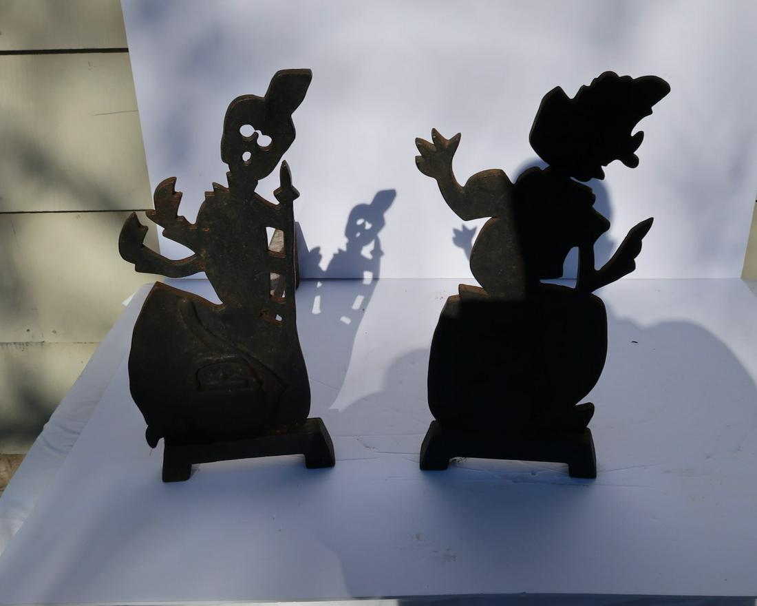 Early Iron Andirons: Unusual Halloween Motif on Front- 18" X 20" Deep