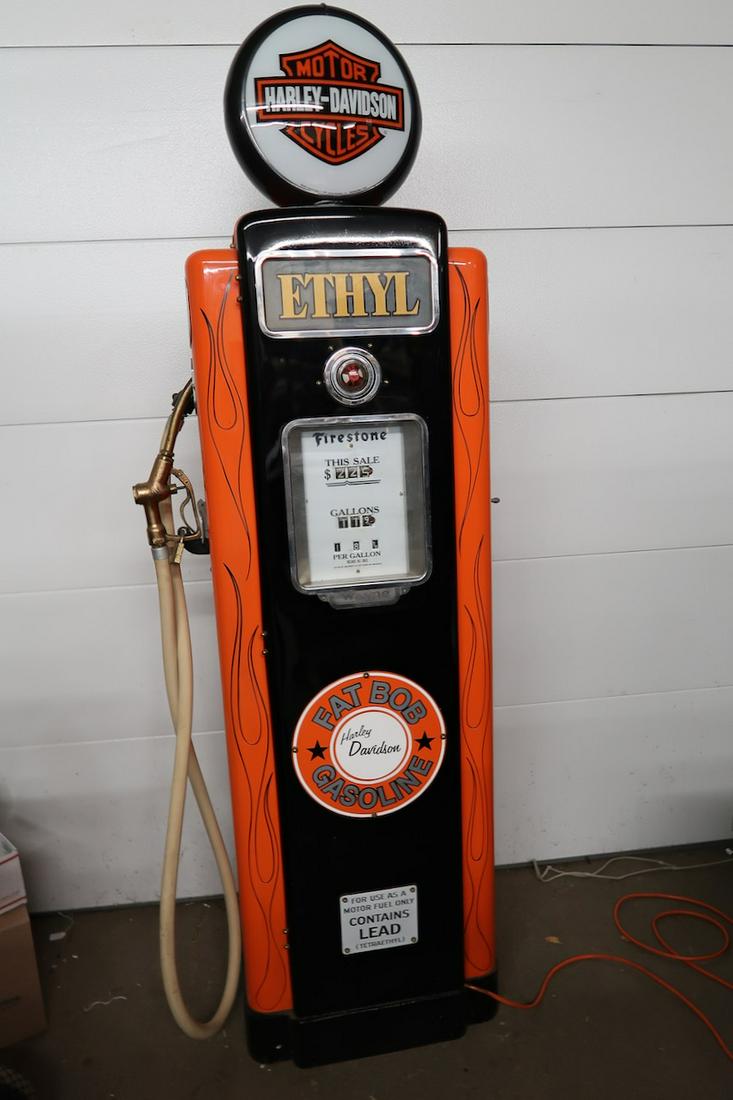 Wayne Restored Gas Pump: Dune in Harley Davidson Colors- 89" Tall X 24" X 16" Deep- Lights Up- Original Nozzle & Parts