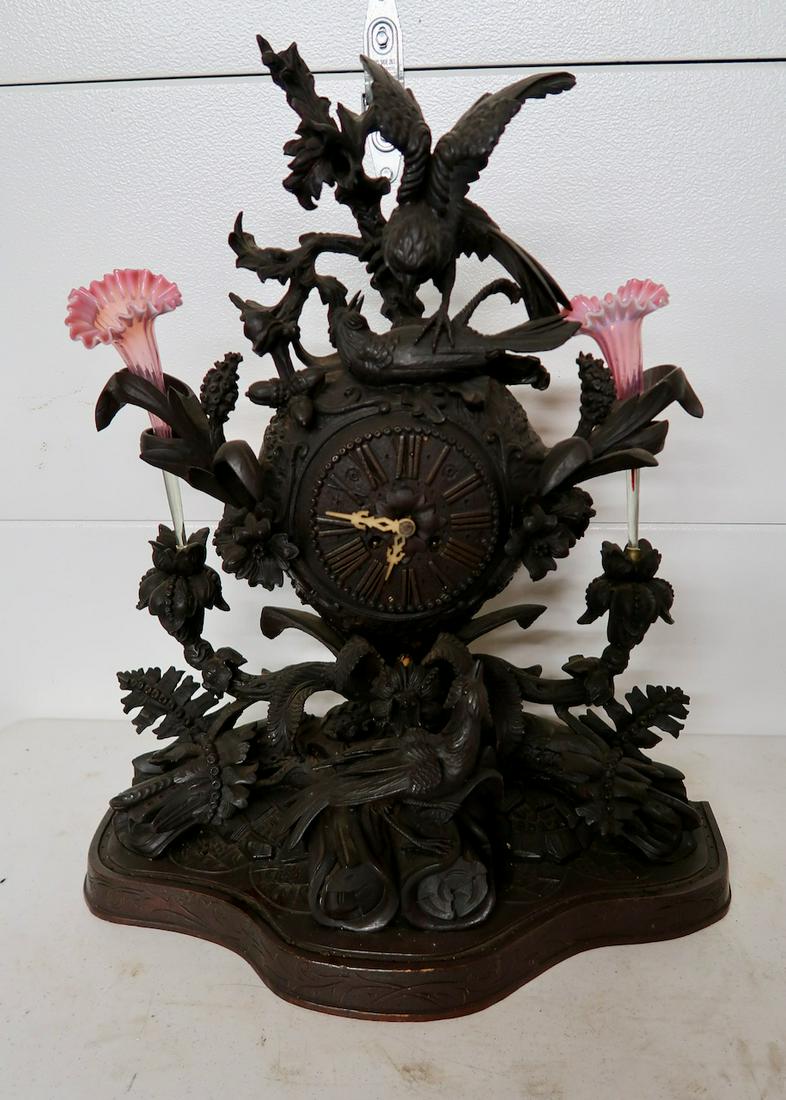 Rare Blackforest Heavily Carved Mantle Clock: 28 1/2" Tall X 24" Wide X 10" Deep- With Several Carved Bird & Forest Motif- 2 Flower Vase