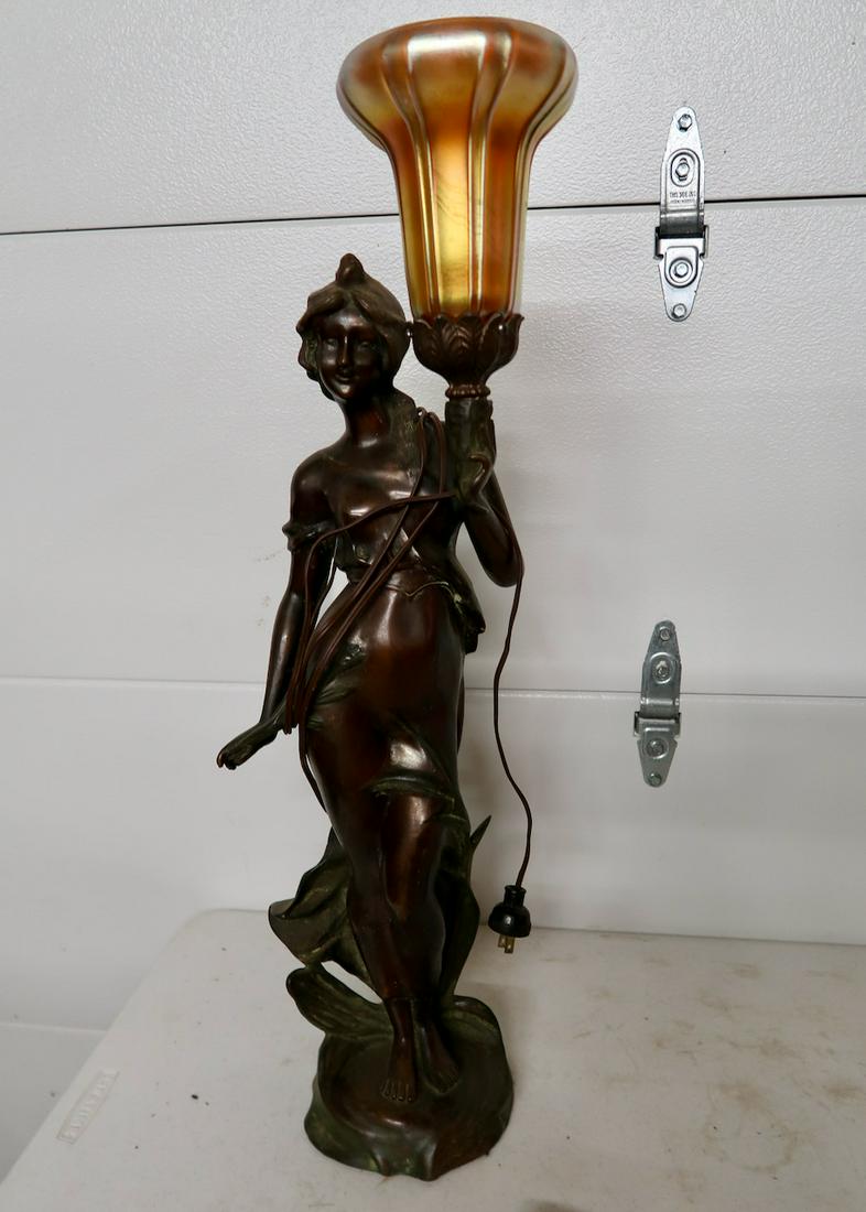 Large Bronze Lady Neul Post Light: With Signed Steuben Shades- 30" High 7" Base- 20th Century