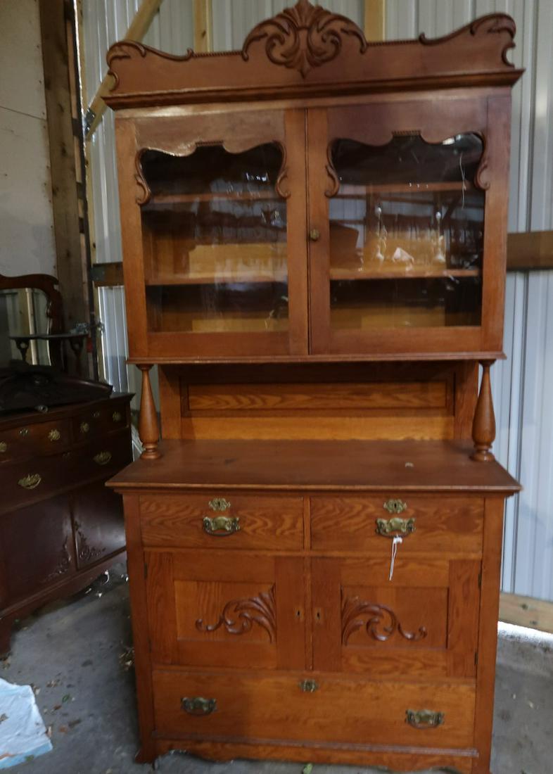 Original 3 Pc Oak Hutch: Real Clean Original Varnish- 88" Tall X 44" Wide X 22' Deep