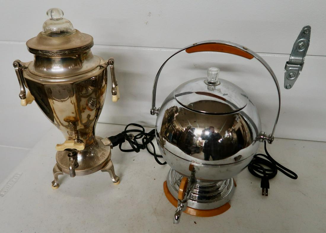 2 Deco Coffee Pots: Both with Bakelite Accents- One 17" Tall other 16" Tall w/10" Ball