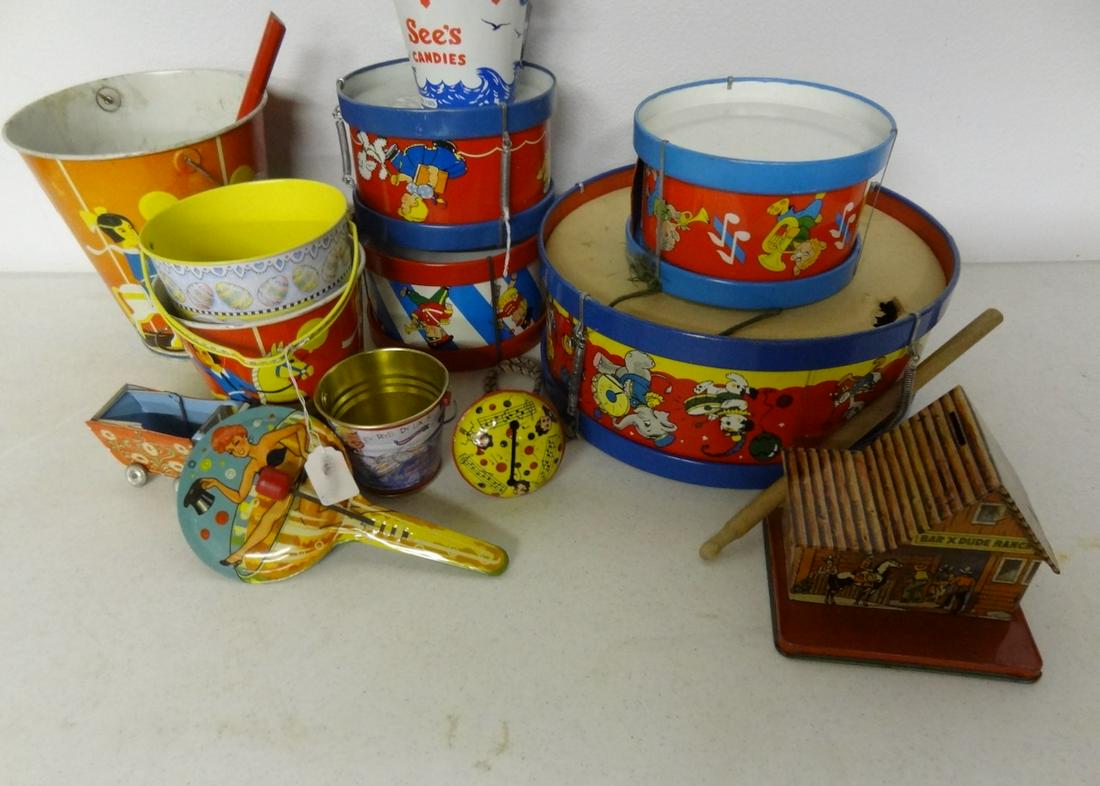 13 Pcs. Of Tin Toy Drums, Pails, & Misc.: Largest 12" drum